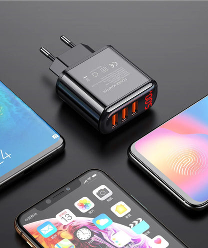 3-port USB charger with LED display for fast charging at 3.4A