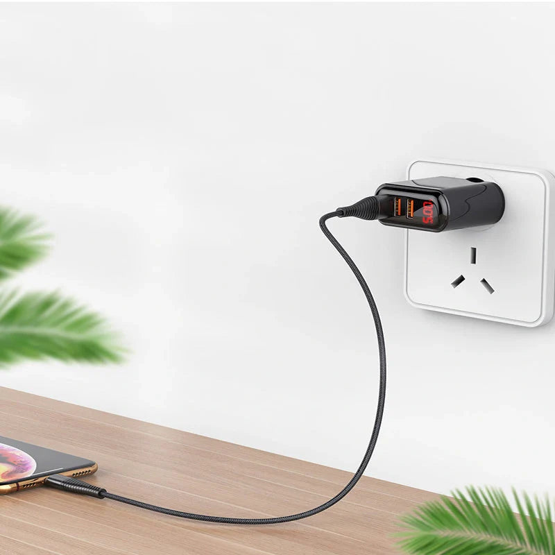 3-port USB charger with LED display for fast charging at 3.4A