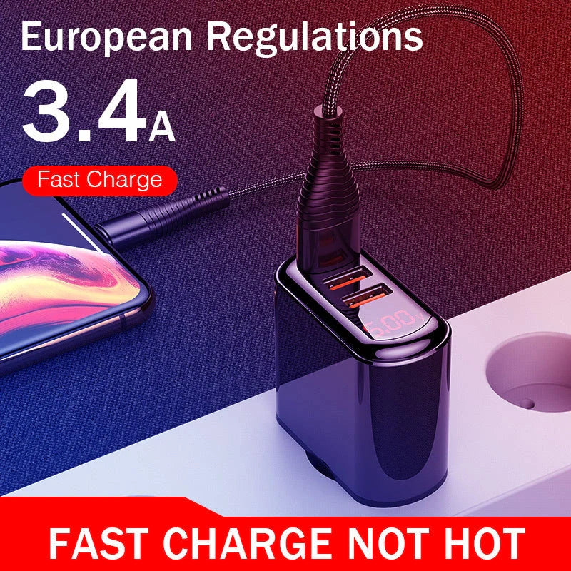 3-port USB charger with LED display for fast charging at 3.4A
