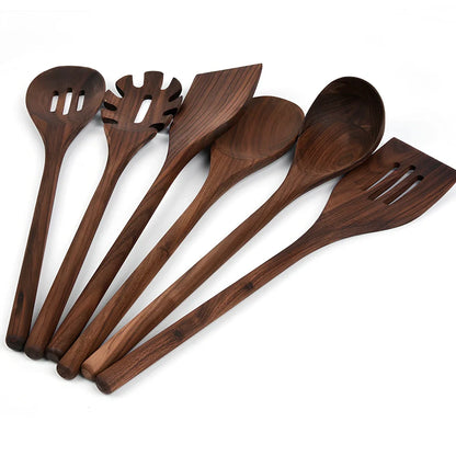 6-piece black walnut wood kitchen utensil set including shovel, spoons, spatulas, and spaghetti claws