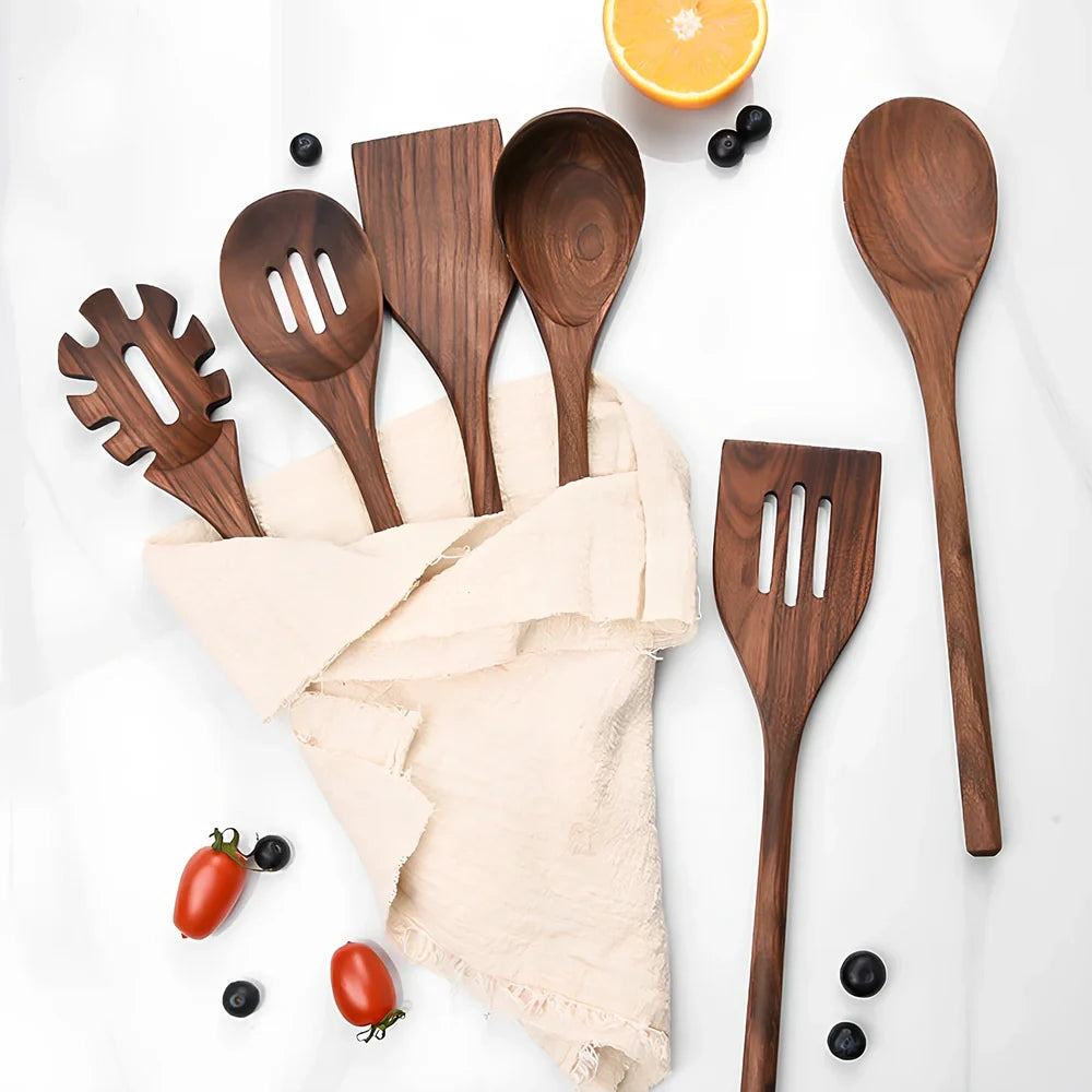 6-piece black walnut wood kitchen utensil set including shovel, spoons, spatulas, and spaghetti claws