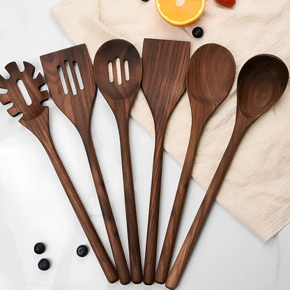 6-piece black walnut wood kitchen utensil set including shovel, spoons, spatulas, and spaghetti claws