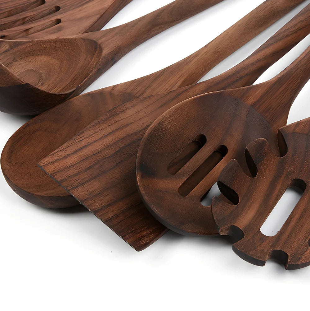 6-piece black walnut wood kitchen utensil set including shovel, spoons, spatulas, and spaghetti claws