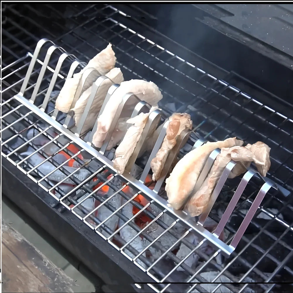 Silver stainless steel barbecue rib rack, 31cm long, elevated design for even grilling of multiple meats