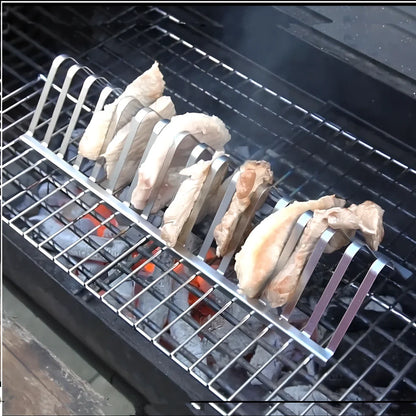 Silver stainless steel barbecue rib rack, 31cm long, elevated design for even grilling of multiple meats