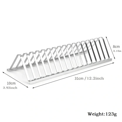 Silver stainless steel barbecue rib rack, 31cm long, elevated design for even grilling of multiple meats