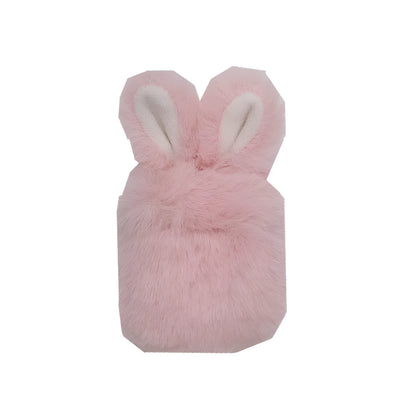 Pink silicone AirPods case cover with raised rabbit ears, placed next to grey version