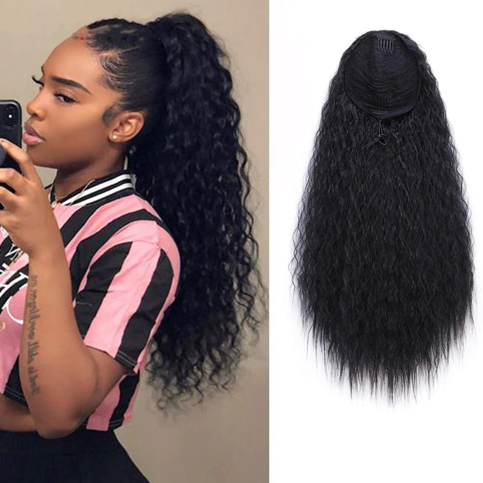 56cm long curly ponytail wig with black chemical fibre high temperature silk material