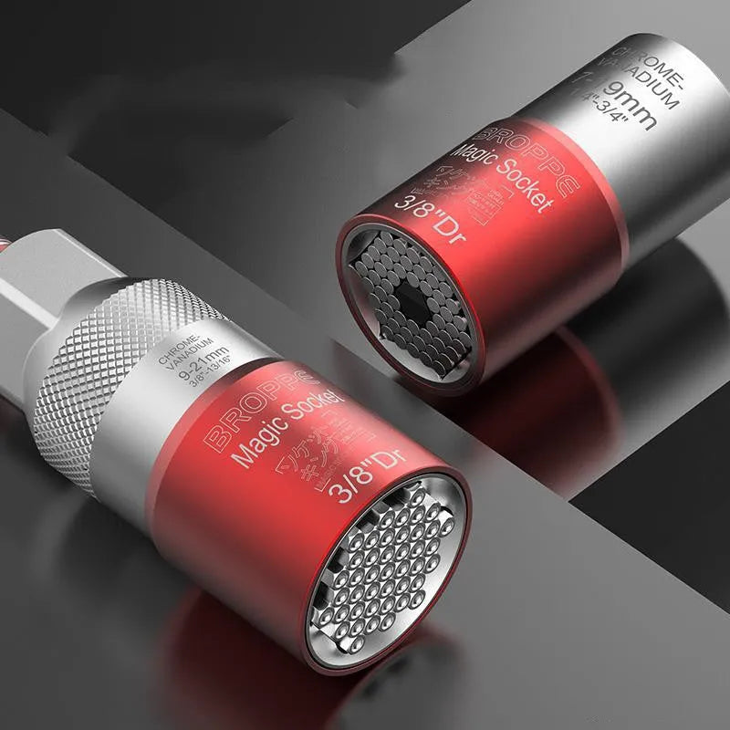 Red multi-function socket set with 7-19mm and 9-21mm universal sleeves and wrench socket