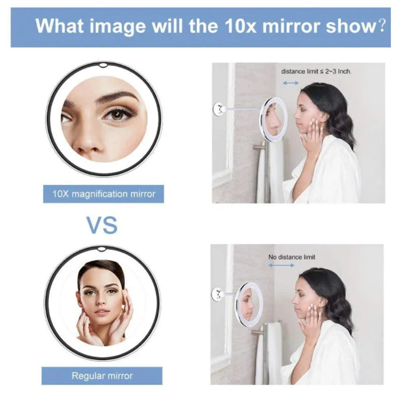 White 10x magnifying LED makeup mirror with flexible gooseneck and suction cup base on a table.