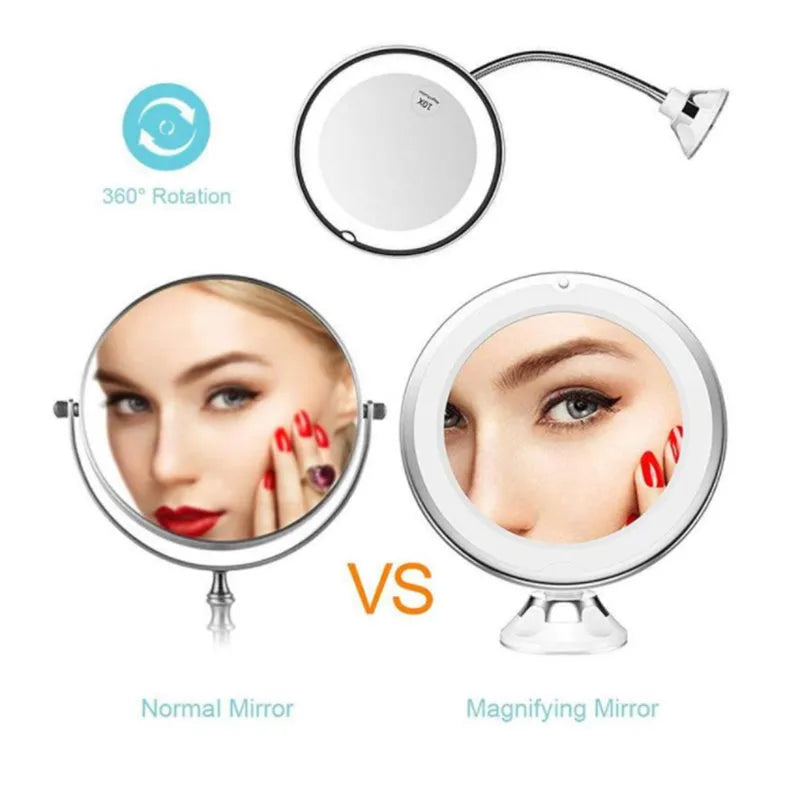 White 10x magnifying LED makeup mirror with flexible gooseneck and suction cup base on a table.