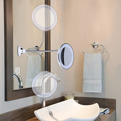 White 10x magnifying LED makeup mirror with flexible gooseneck and suction cup base on a table.