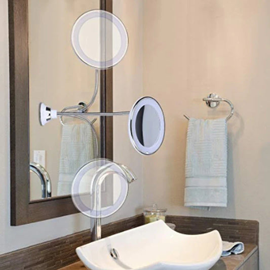 Adjustable gooseneck 10x magnifying makeup mirror with bright LED lights for precision grooming and beauty application