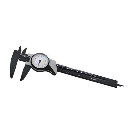 Black plastic vernier caliper showing 0-150mm measurement scale with 0.1mm precision vernier