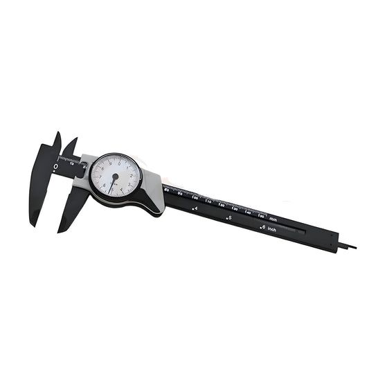 Black plastic vernier caliper showing 0-150mm measurement scale with 0.1mm precision vernier
