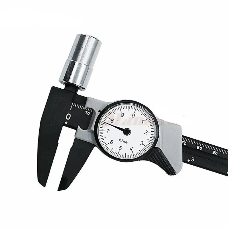 Black plastic vernier caliper showing 0-150mm measurement scale with 0.1mm precision vernier