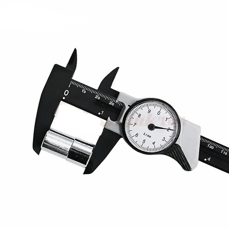 Black plastic vernier caliper showing 0-150mm measurement scale with 0.1mm precision vernier