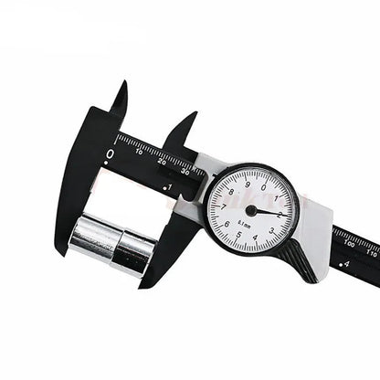 Black plastic vernier caliper showing 0-150mm measurement scale with 0.1mm precision vernier