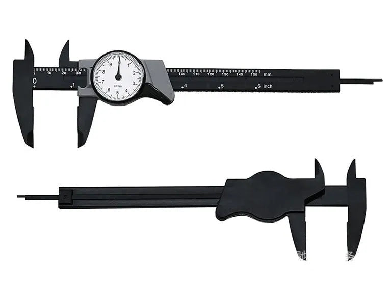 Black plastic vernier caliper showing 0-150mm measurement scale with 0.1mm precision vernier