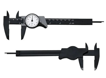 Black plastic vernier caliper showing 0-150mm measurement scale with 0.1mm precision vernier