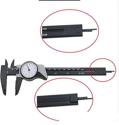 Black plastic vernier caliper showing 0-150mm measurement scale with 0.1mm precision vernier