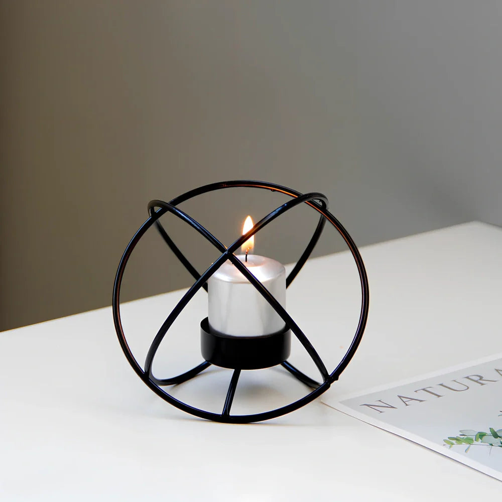 Black wrought iron spherical candle holder, 15 cm height, stable base for indoor use
