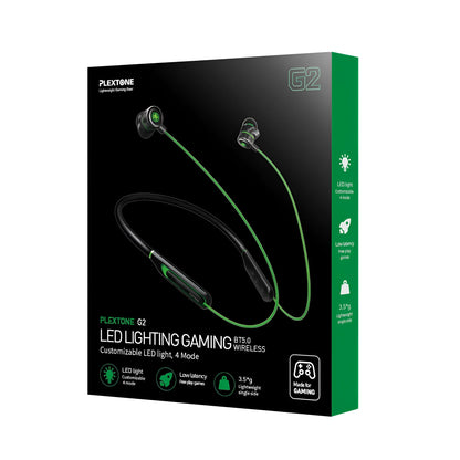 PLEXTONE Puji G2 neck-hanging metal Bluetooth game headset in black, red, and green with 10 mm horn and Bluetooth 5.0 + EDR.