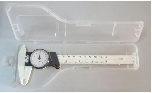 Black plastic vernier caliper showing 0-150mm measurement scale with 0.1mm precision vernier
