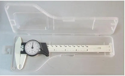 Black plastic vernier caliper showing 0-150mm measurement scale with 0.1mm precision vernier