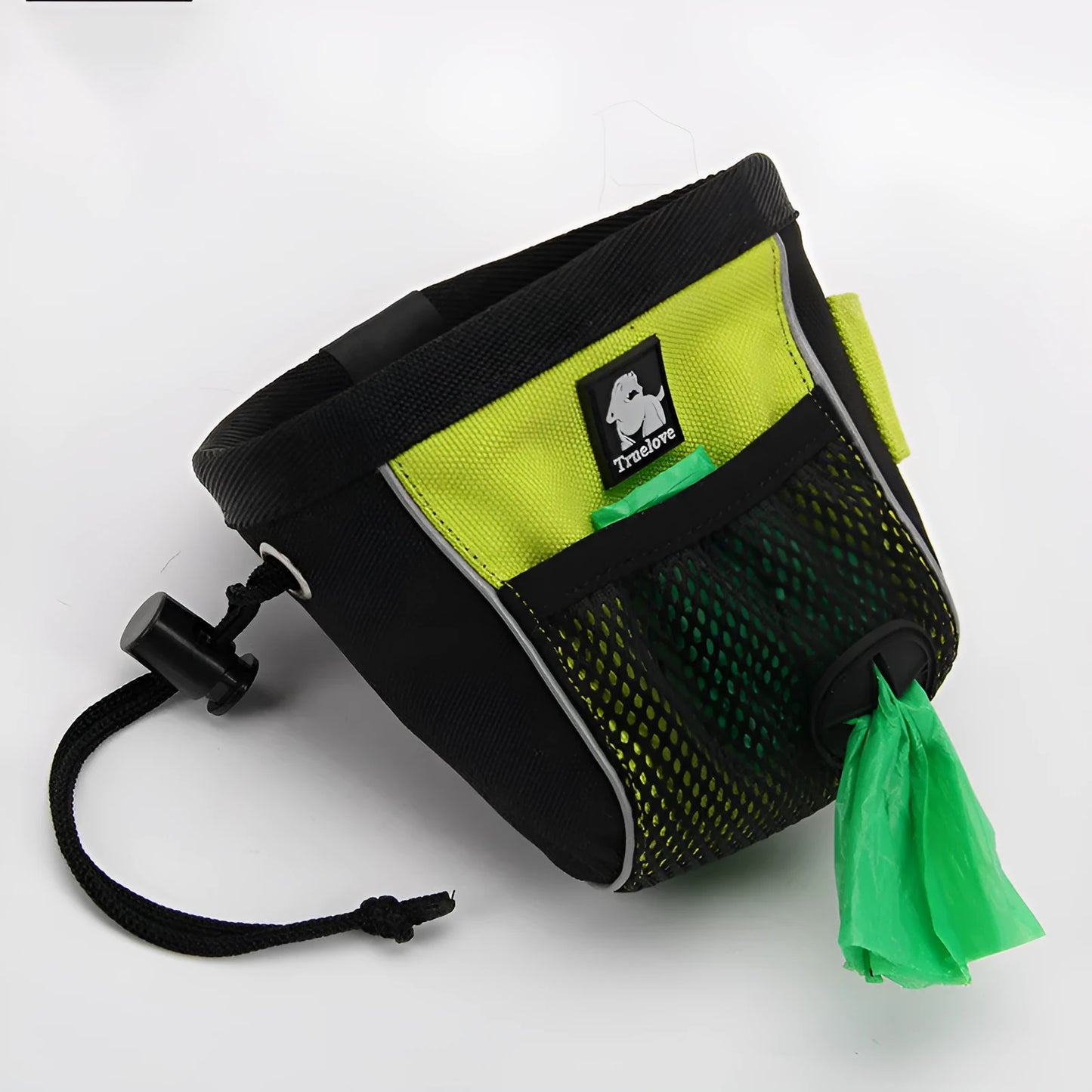 Orange and green dog training waist bag with removable waste compartment showing Oxford cloth construction