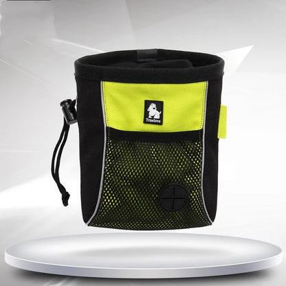 Orange and green dog training waist bag with removable waste compartment showing Oxford cloth construction