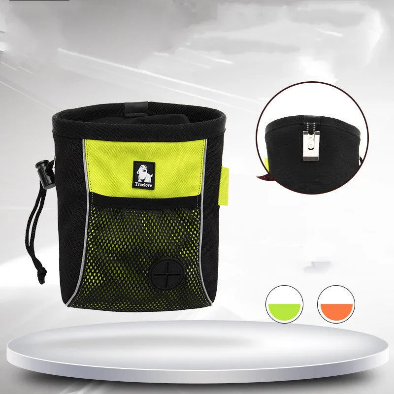 Orange and green dog training waist bag with removable waste compartment showing Oxford cloth construction