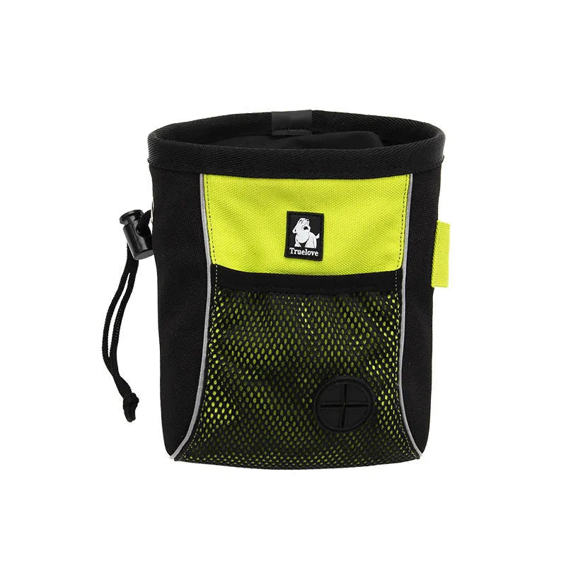Orange and green dog training waist bag with removable waste compartment showing Oxford cloth construction
