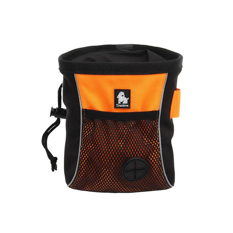 Orange and green dog training waist bag with removable waste compartment showing Oxford cloth construction