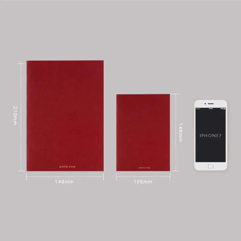 Red and white A5 and A6 notebooks with imitation leather covers, showing dot grid, squared, and lined page options.