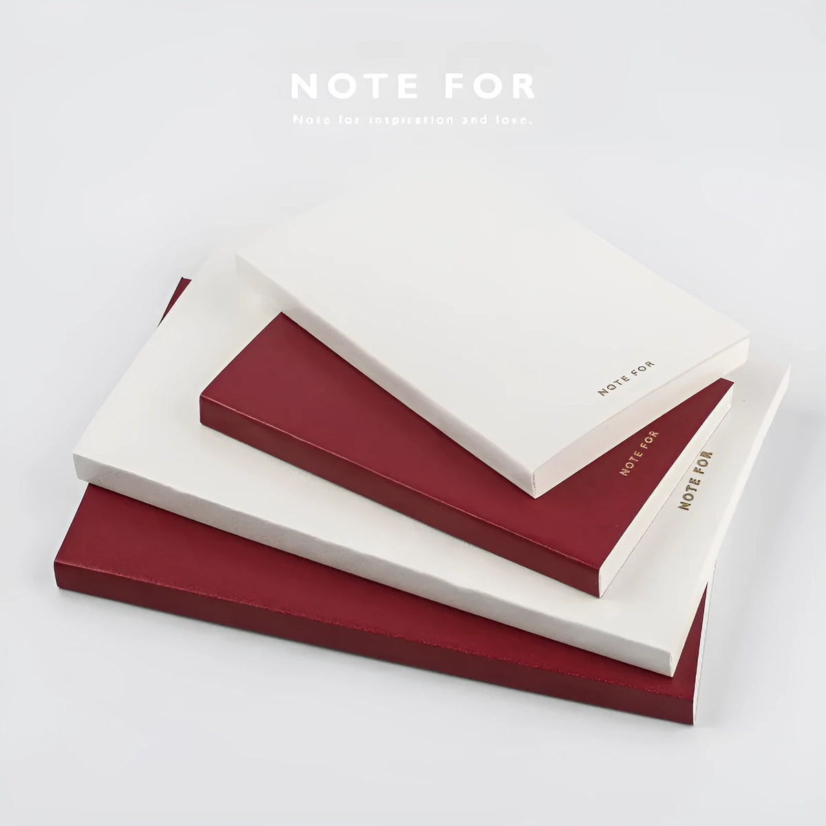 Red and white A5 and A6 notebooks with imitation leather covers, showing dot grid, squared, and lined page options.