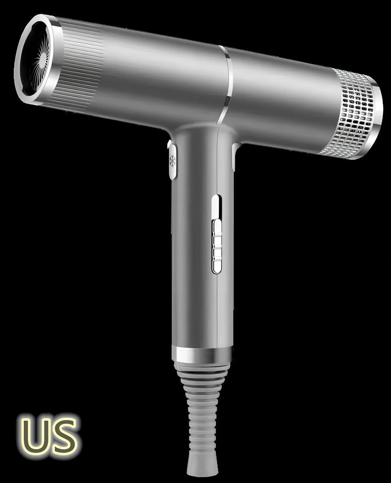 Silver 1800W household hair dryer with set and disperse nozzles showing compact design