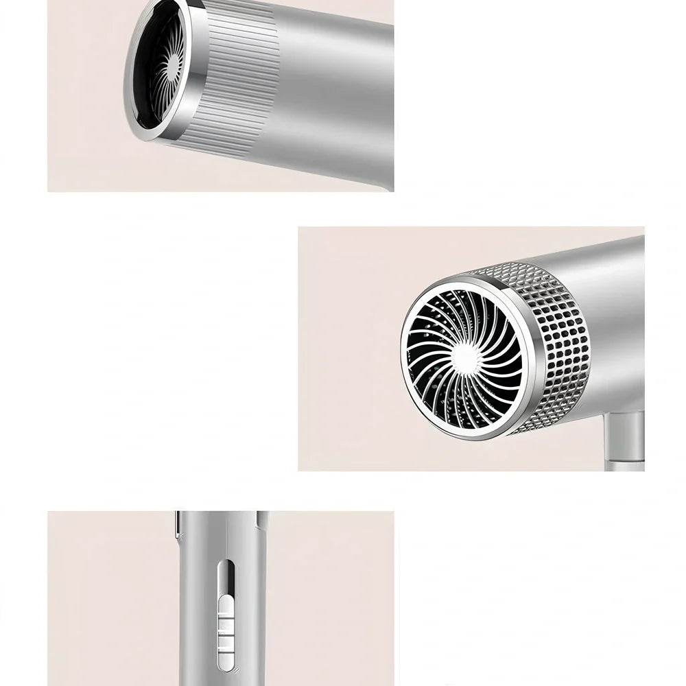 Silver 1800W household hair dryer with set and disperse nozzles showing compact design