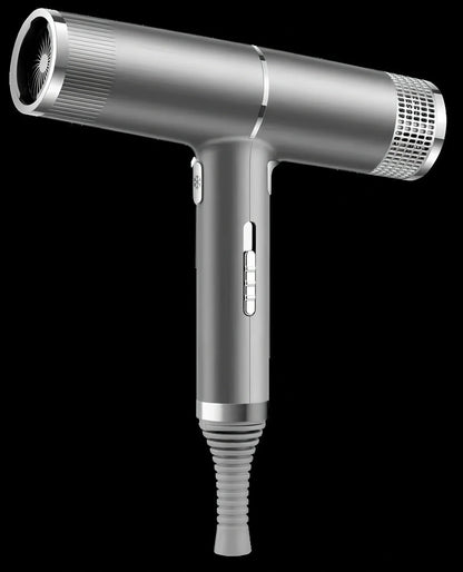 Silver 1800W household hair dryer with set and disperse nozzles showing compact design