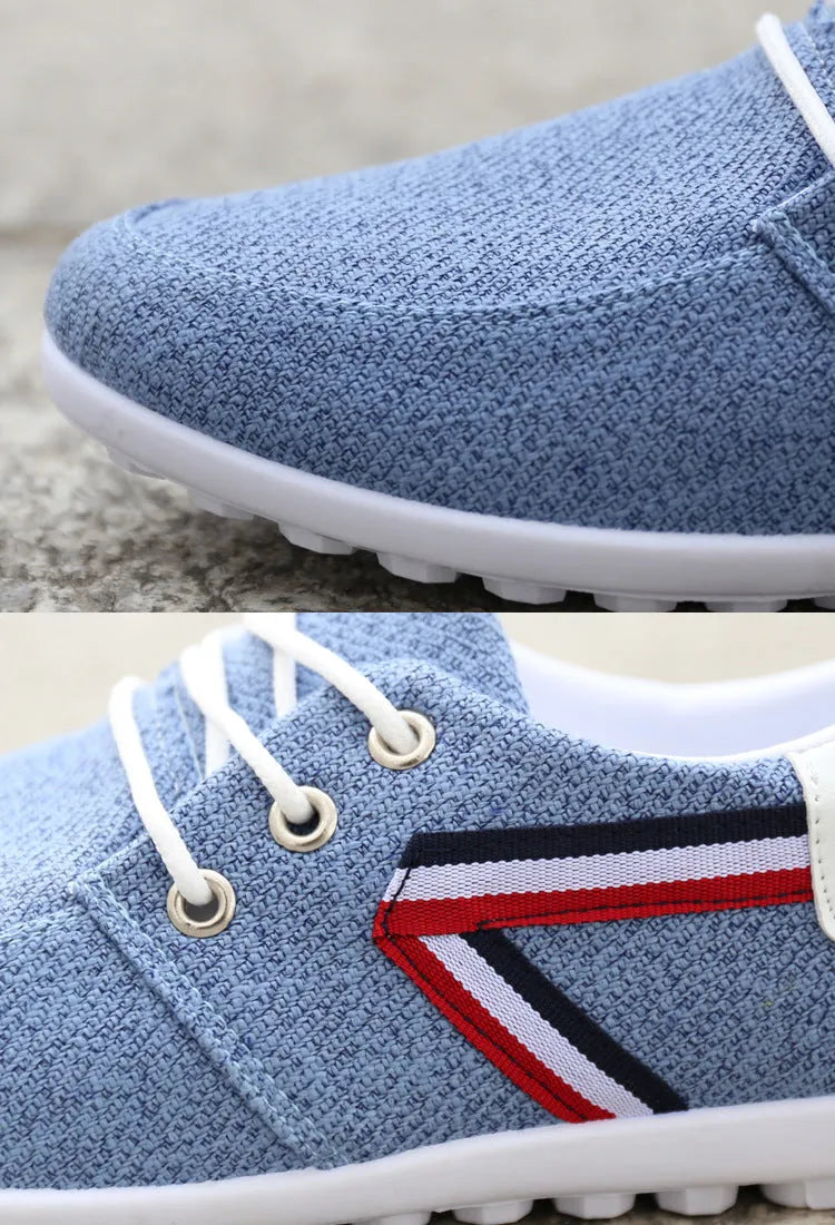 Men's soft-soled canvas shoes in blue or grey with round toe, low 1-3cm heel, and colour stitching.