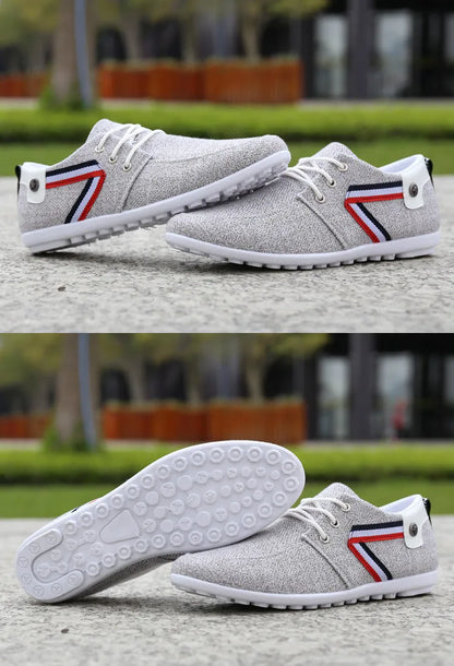Men's soft-soled canvas shoes in blue or grey with round toe, low 1-3cm heel, and colour stitching.
