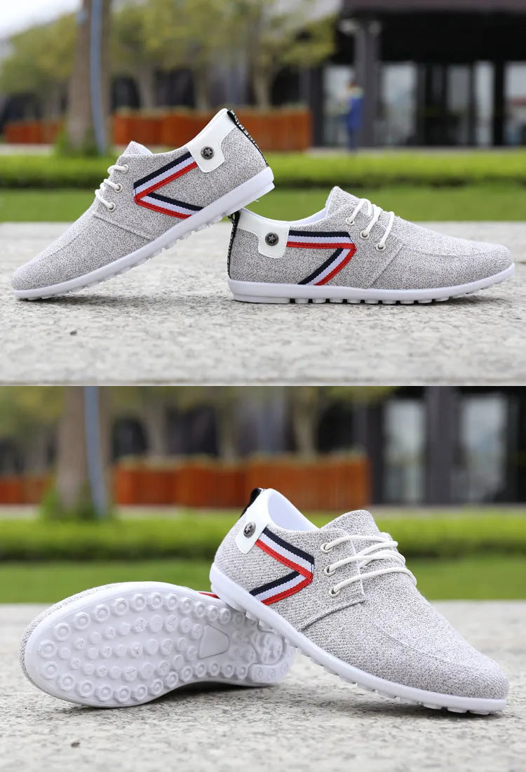 Men's soft-soled canvas shoes in blue or grey with round toe, low 1-3cm heel, and colour stitching.