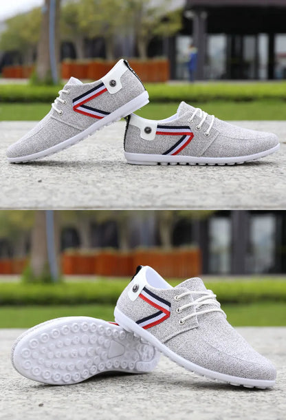 Men's soft-soled canvas shoes in blue or grey with round toe, low 1-3cm heel, and colour stitching.