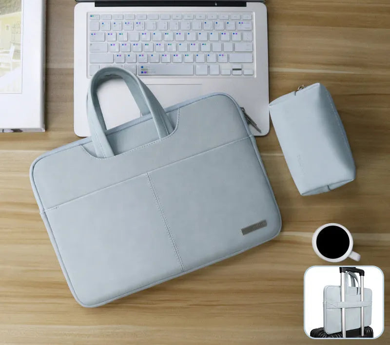 Blue waterproof laptop bag with zipper opening showing internal computer pocket and organisational compartments
