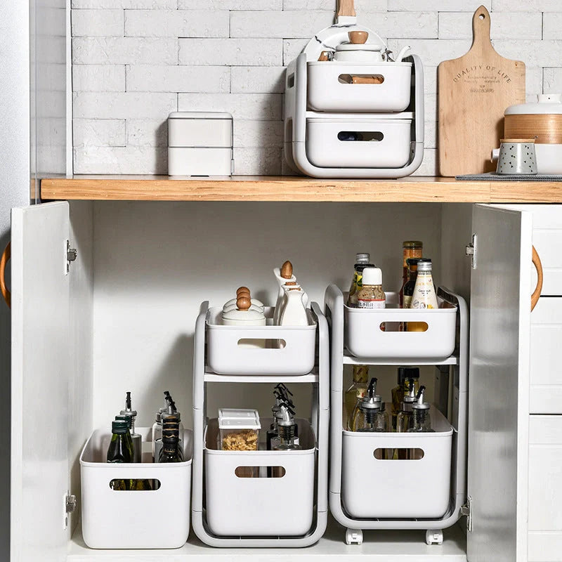 White 2-tier kitchen storage rack with pull-out drawer for efficient organisation