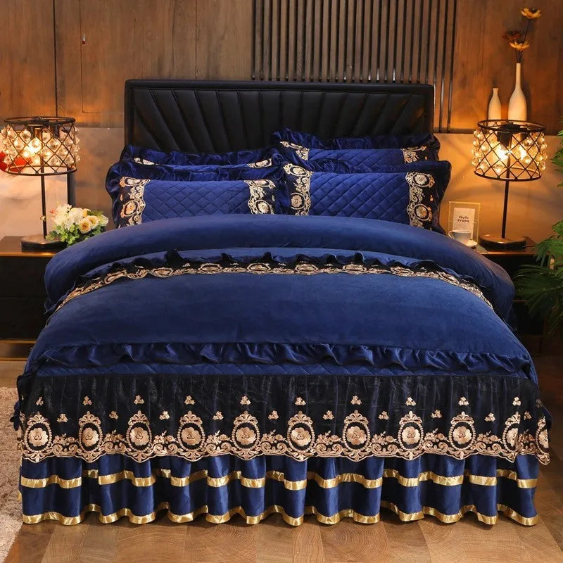 Lace-edged bed skirt with polar fleece fabric luxury bedclothes in navy blue, purple, red, sapphire blue, or yellow, offering three size options for 1.5m, 1.8m, and 1.8x2.2m beds and available as a single item or a 3-piece set including pillowcases.