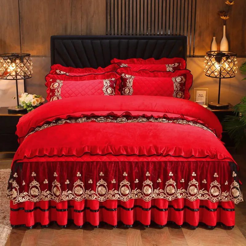 Lace-edged polar fleece bed skirt in chosen colour on a bed frame.