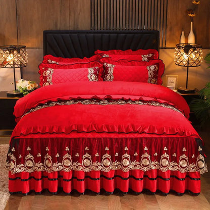 Lace-edged polar fleece bed skirt in chosen colour on a bed frame.