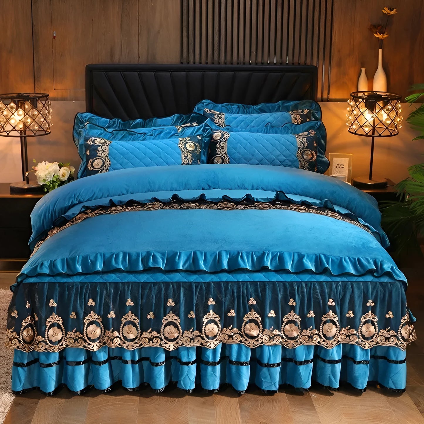 Lace-edged polar fleece bed skirt in chosen colour on a bed frame.