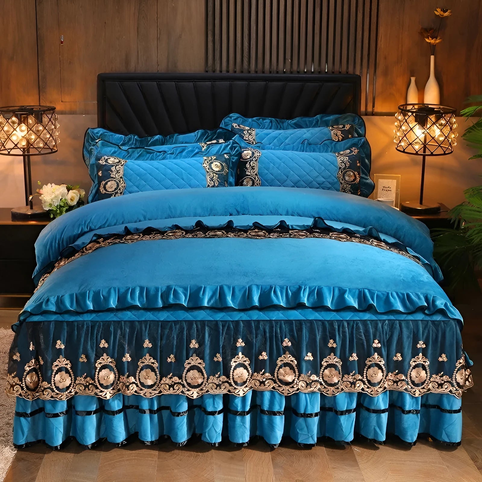 Lace-edged polar fleece bed skirt in chosen colour on a bed frame.